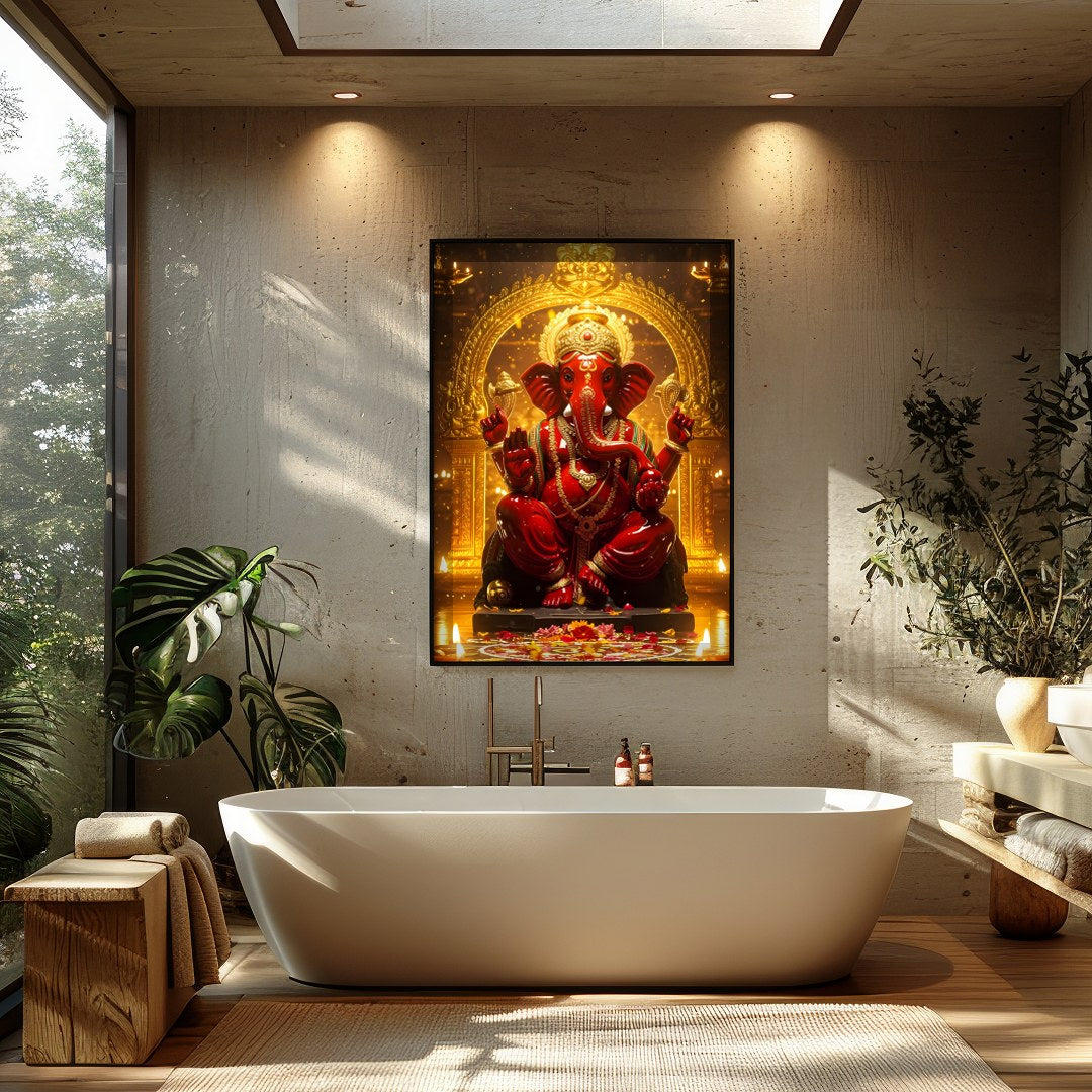 Capture the majesty and spiritual presence of Lord Ganesha with this intricately detailed artwork. for Bathroom