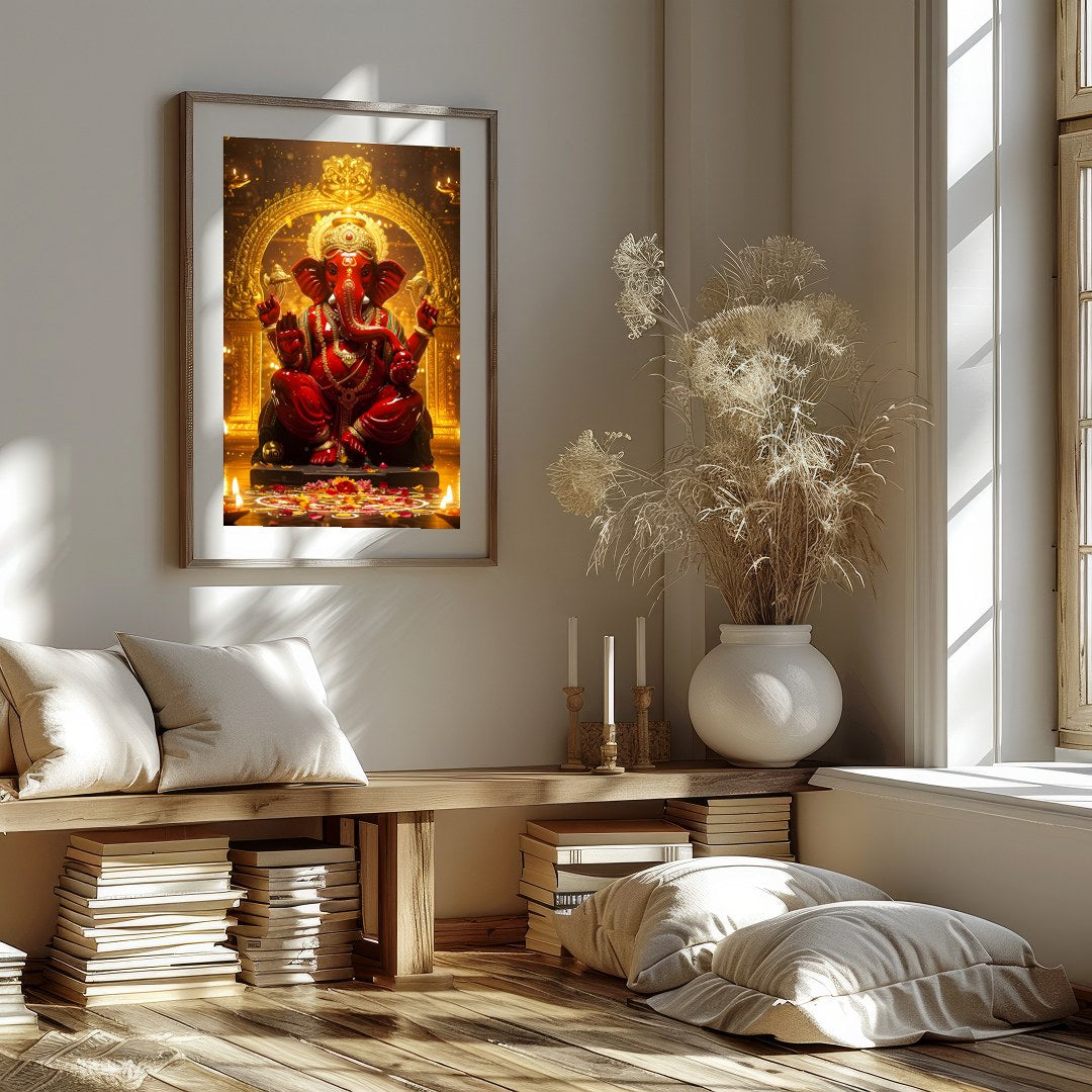 Capture the majesty and spiritual presence of Lord Ganesha with this intricately detailed artwork. for bedroom