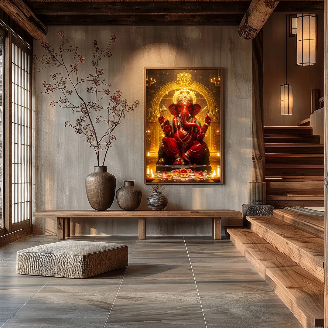 Capture the majesty and spiritual presence of Lord Ganesha with this intricately detailed artwork. for Hall