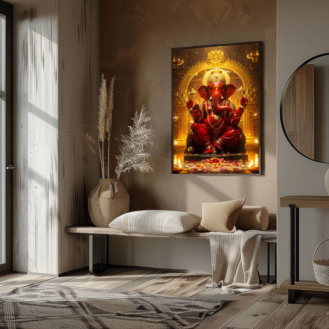Capture the majesty and spiritual presence of Lord Ganesha with this intricately detailed artwork. for hallway