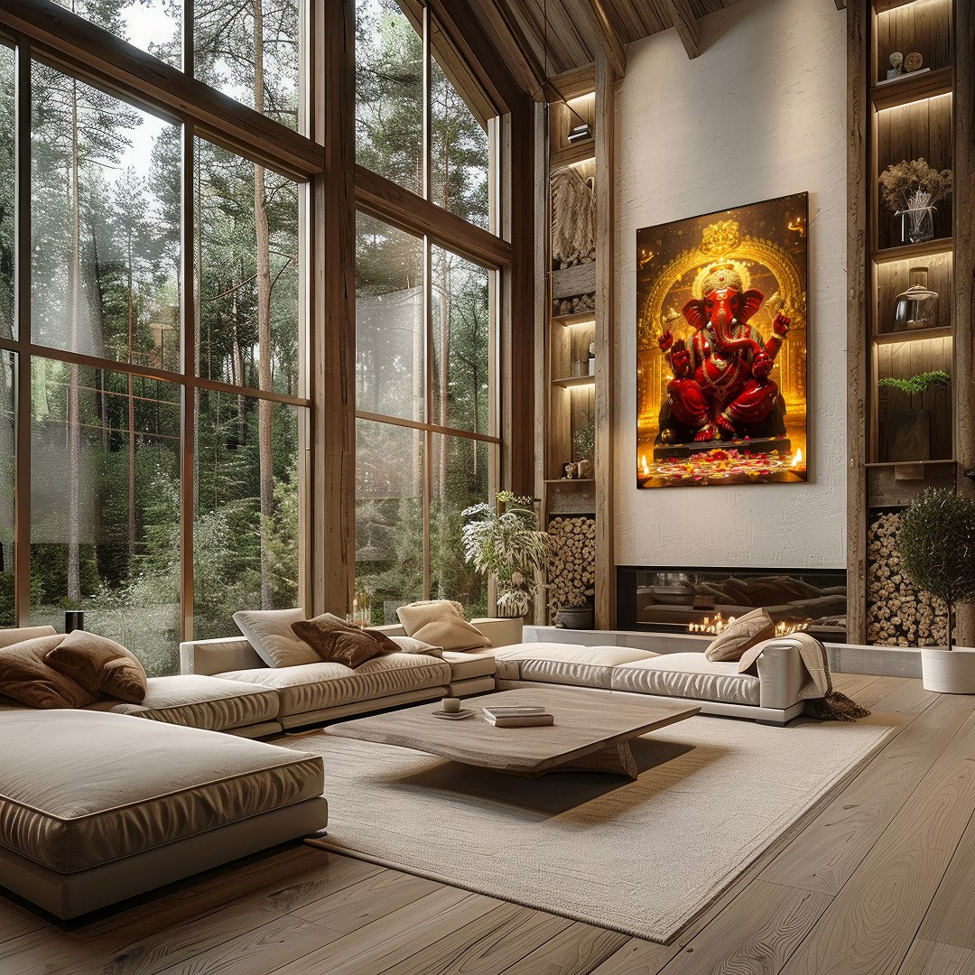 Capture the majesty and spiritual presence of Lord Ganesha with this intricately detailed artwork. for Living Room