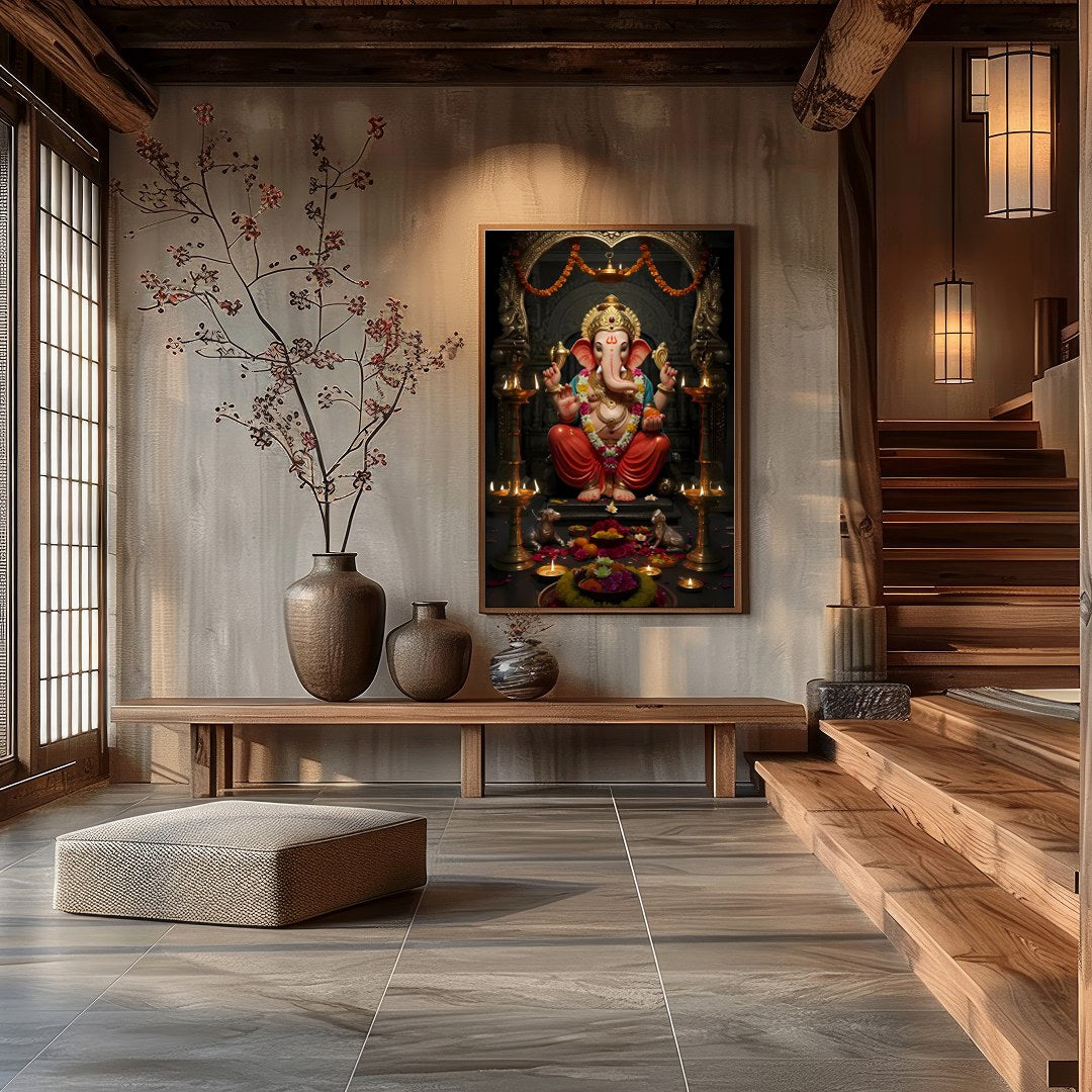 Adorn your space with this exquisite depiction of Lord Ganesha, embodying tranquility and divine for Hall