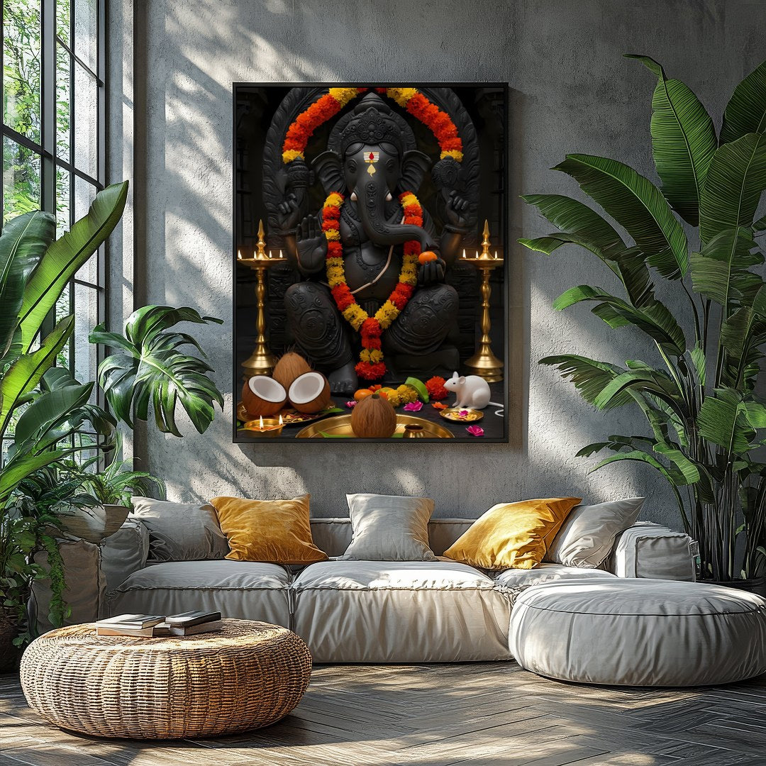 Experience the spiritual energy of this exquisite artwork featuring Lord Ganesha adorned with for Balcony