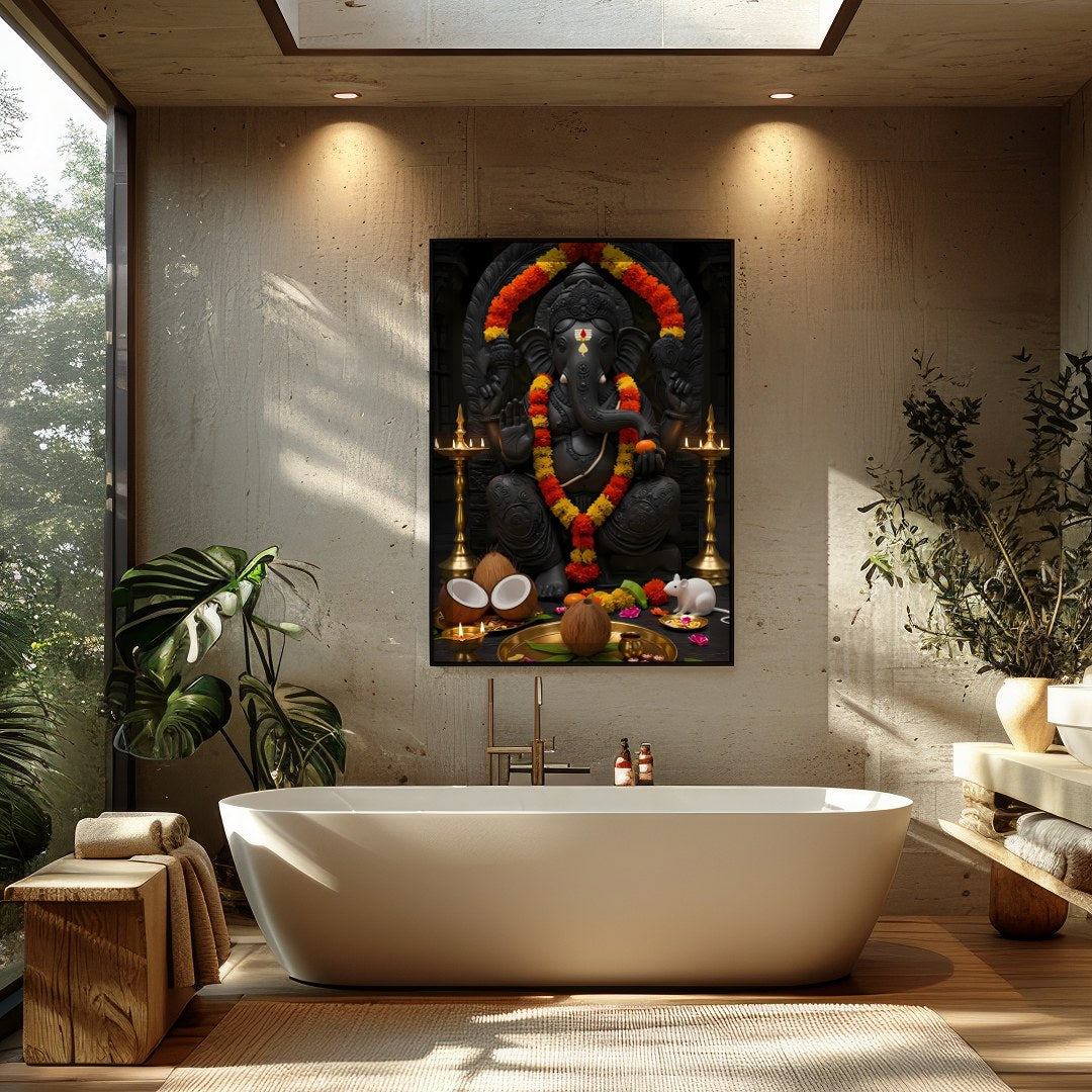 Experience the spiritual energy of this exquisite artwork featuring Lord Ganesha adorned with for Bathroom