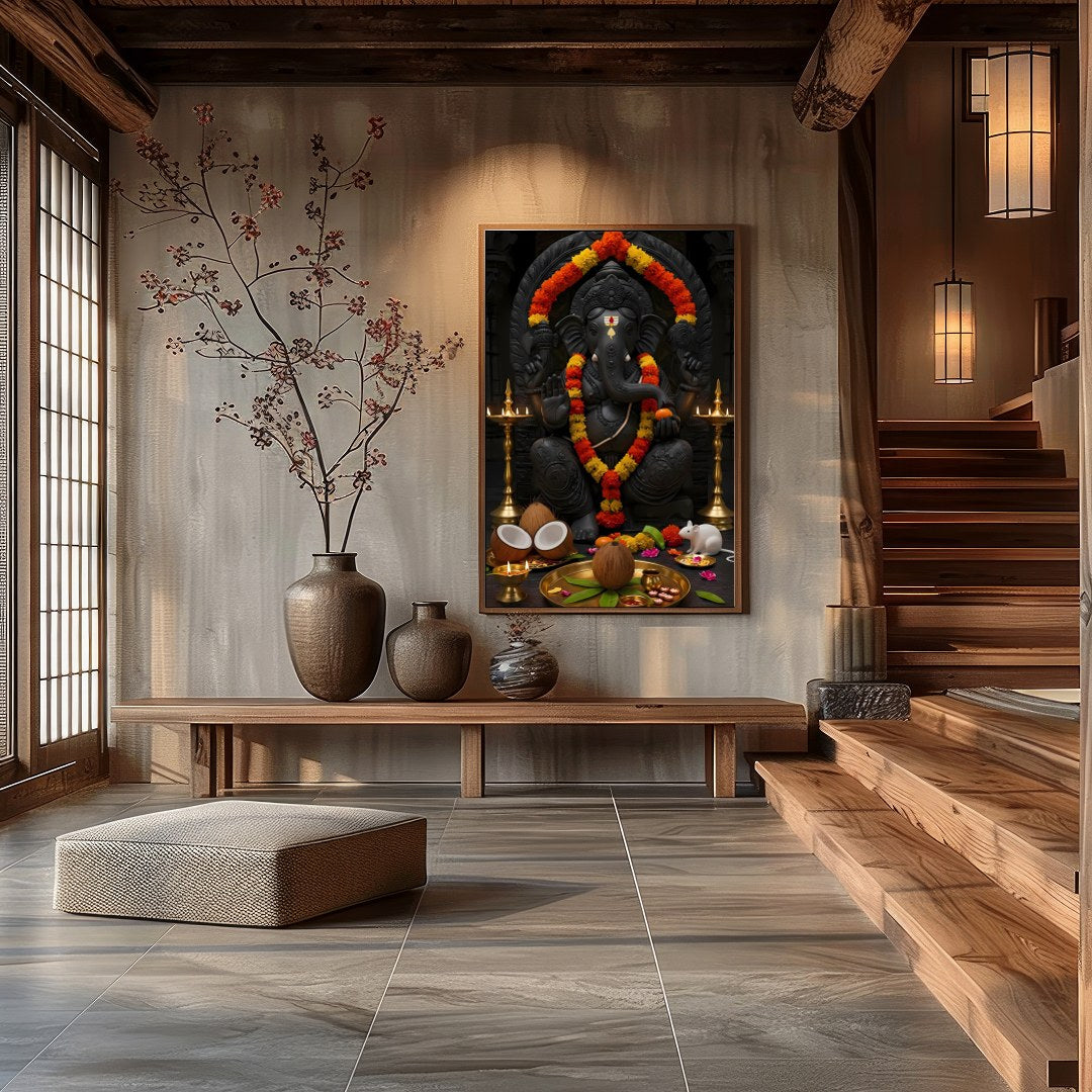 Experience the spiritual energy of this exquisite artwork featuring Lord Ganesha adorned with for Hall