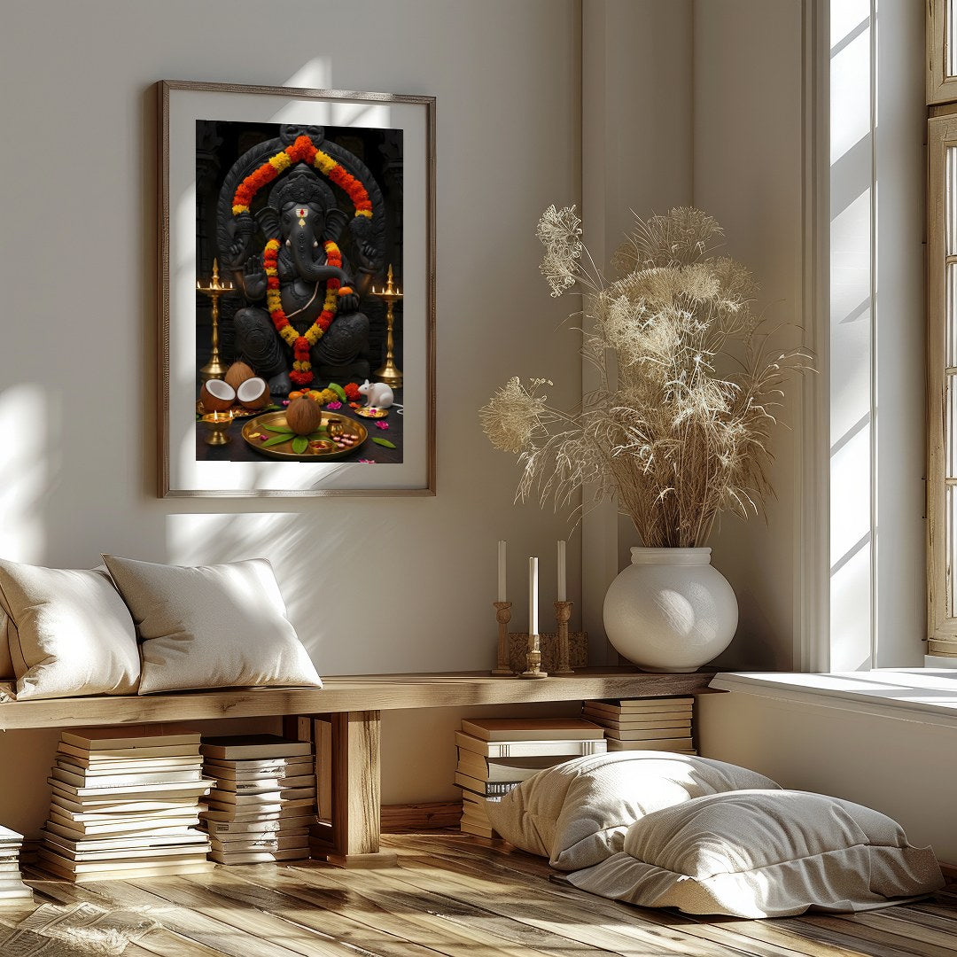 Experience the spiritual energy of this exquisite artwork featuring Lord Ganesha adorned with for hallway
