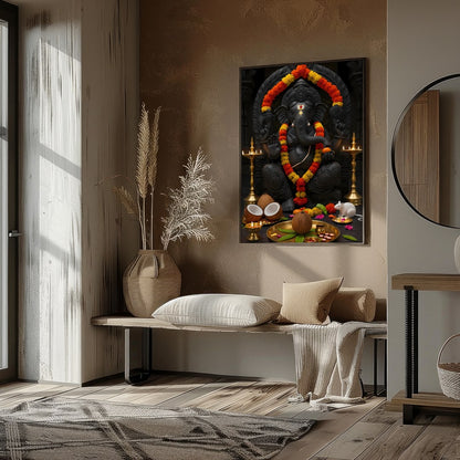 Experience the spiritual energy of this exquisite artwork featuring Lord Ganesha adorned with for nook