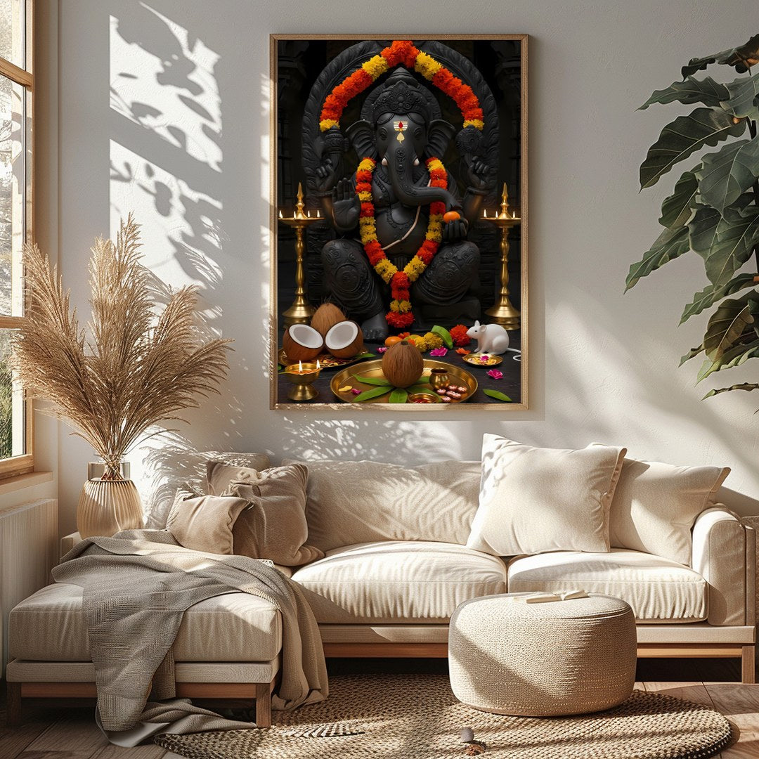 Experience the spiritual energy of this exquisite artwork featuring Lord Ganesha adorned with for Sitting Area