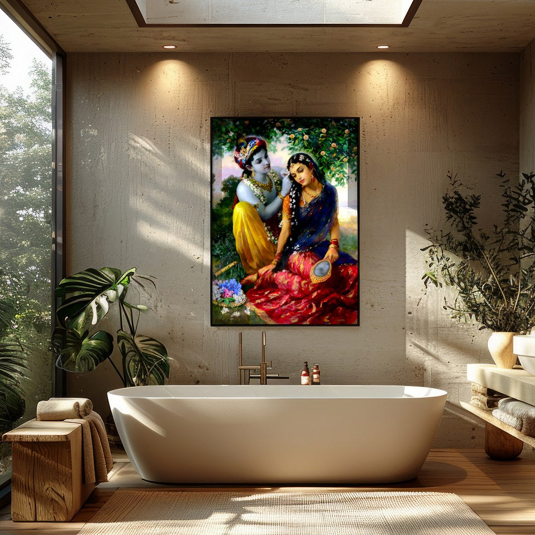 This enchanting artwork captures a serene moment of affection set within a lush garden. Featuring for Bathroom