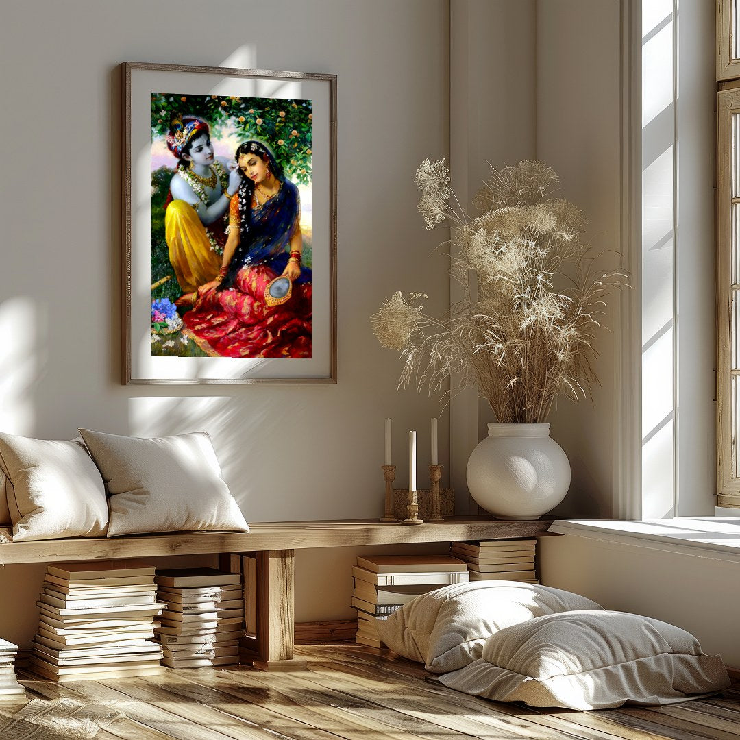 This enchanting artwork captures a serene moment of affection set within a lush garden. Featuring for decor