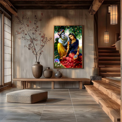 This enchanting artwork captures a serene moment of affection set within a lush garden. Featuring for Hall