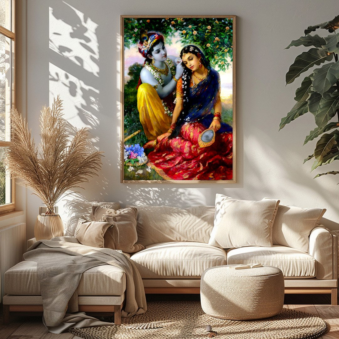 This enchanting artwork captures a serene moment of affection set within a lush garden. Featuring for Sitting Area