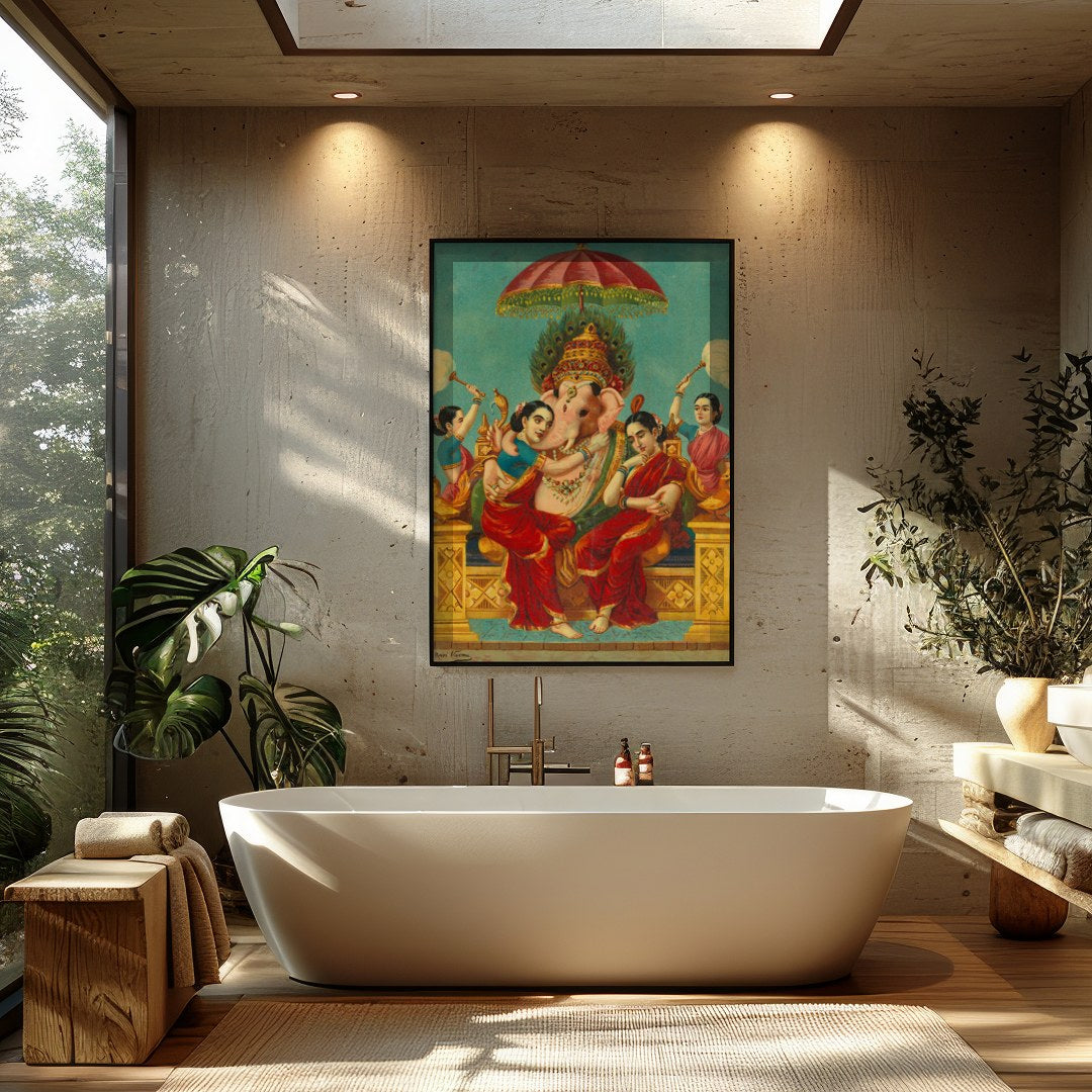 Immerse yourself in the captivating serenity of this traditional Indian art piece. The vibrant for Bathroom
