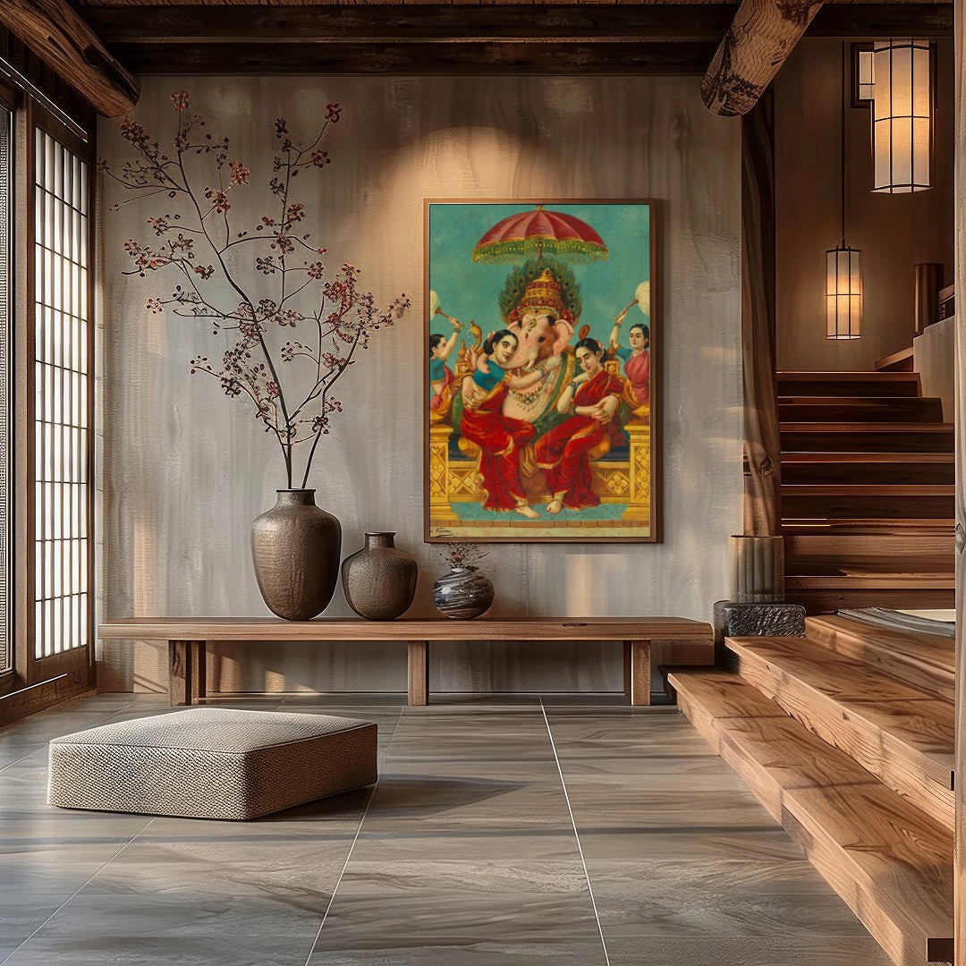 Immerse yourself in the captivating serenity of this traditional Indian art piece. The vibrant for Hall