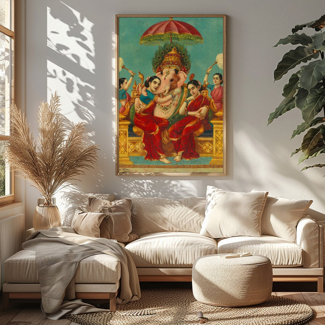 Immerse yourself in the captivating serenity of this traditional Indian art piece. The vibrant for Sitting Area