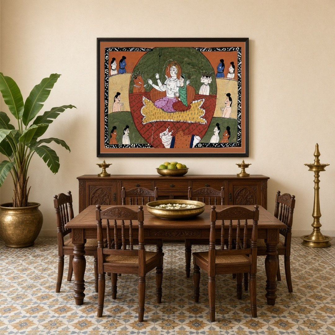 Experience the divine tranquility of Lord Shiva and Parvati surrounded by their celestial assembly for Dining