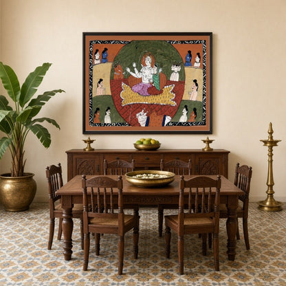 Experience the divine tranquility of Lord Shiva and Parvati surrounded by their celestial assembly for Dining