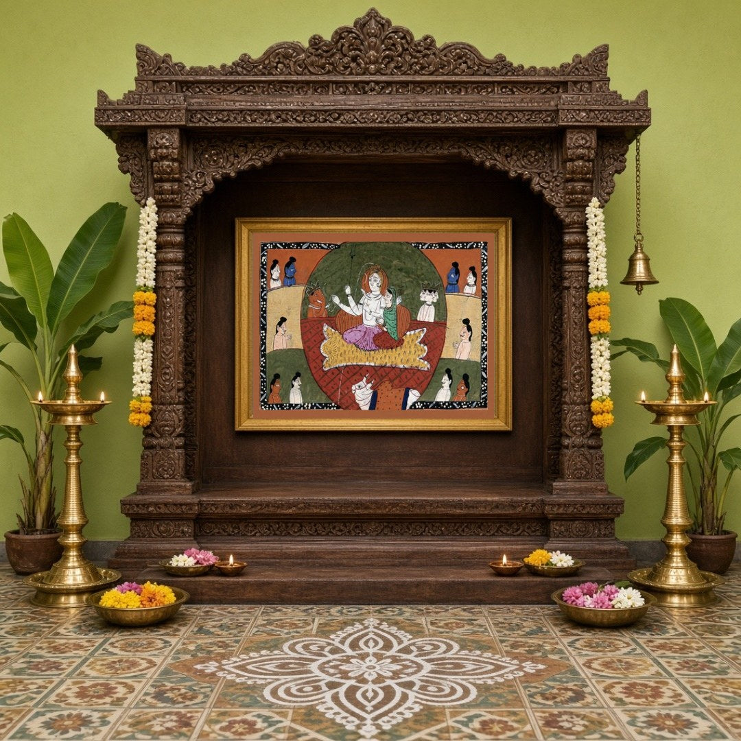 Experience the divine tranquility of Lord Shiva and Parvati surrounded by their celestial assembly for Home Temple