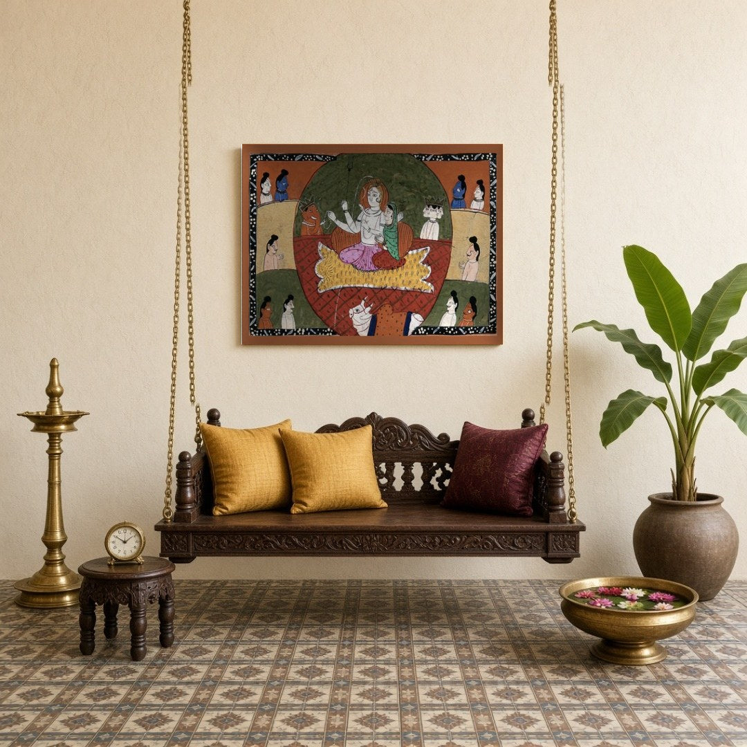Experience the divine tranquility of Lord Shiva and Parvati surrounded by their celestial assembly for Sitting Lounge