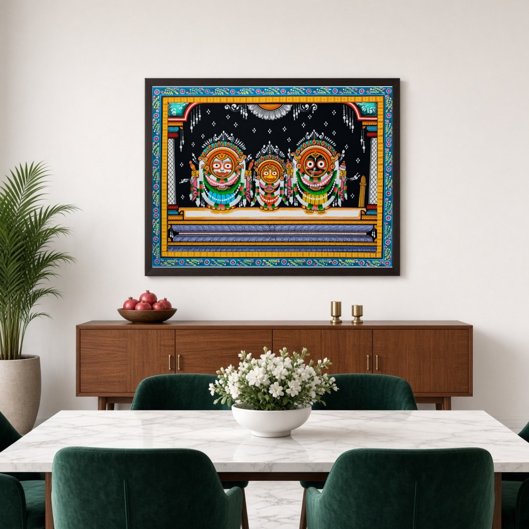 Experience the divine presence with this captivating Pattachitra artwork depicting the Jagannath for Dining