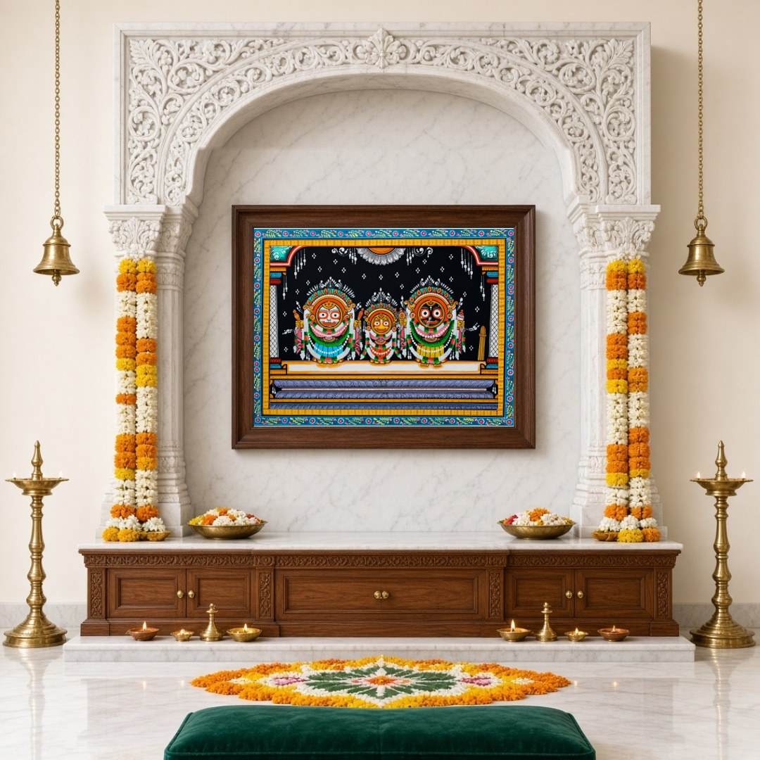 Experience the divine presence with this captivating Pattachitra artwork depicting the Jagannath for Home Temple