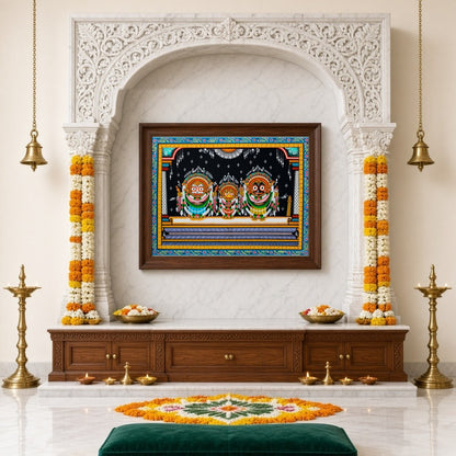 Experience the divine presence with this captivating Pattachitra artwork depicting the Jagannath for Home Temple