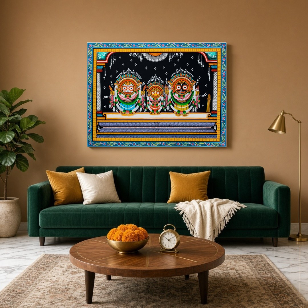 Experience the divine presence with this captivating Pattachitra artwork depicting the Jagannath for Living Room