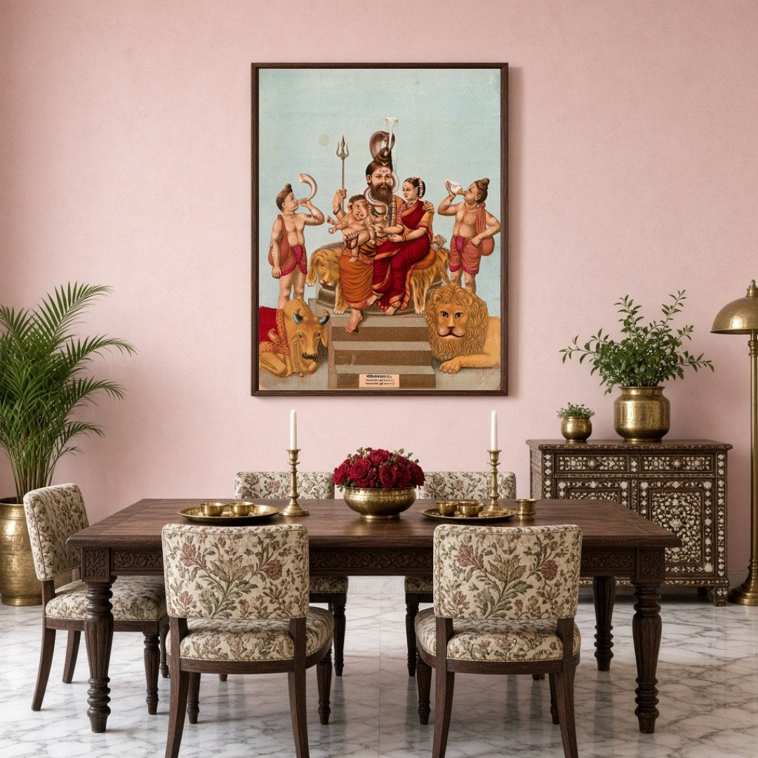 This exquisite artwork captures the divine assembly of Lord Shiva with Parvati and young Ganesha, for Dining