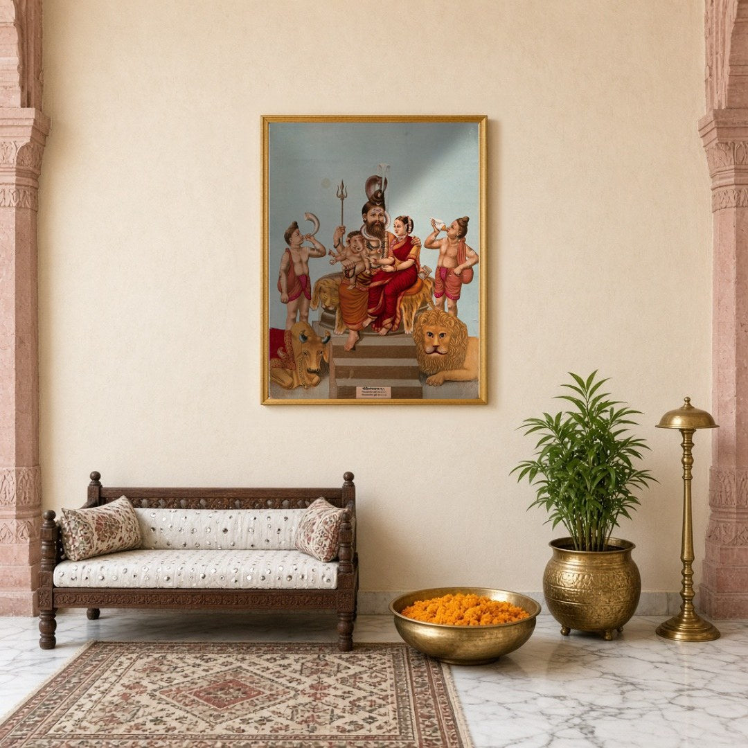 This exquisite artwork captures the divine assembly of Lord Shiva with Parvati and young Ganesha, for Entrance