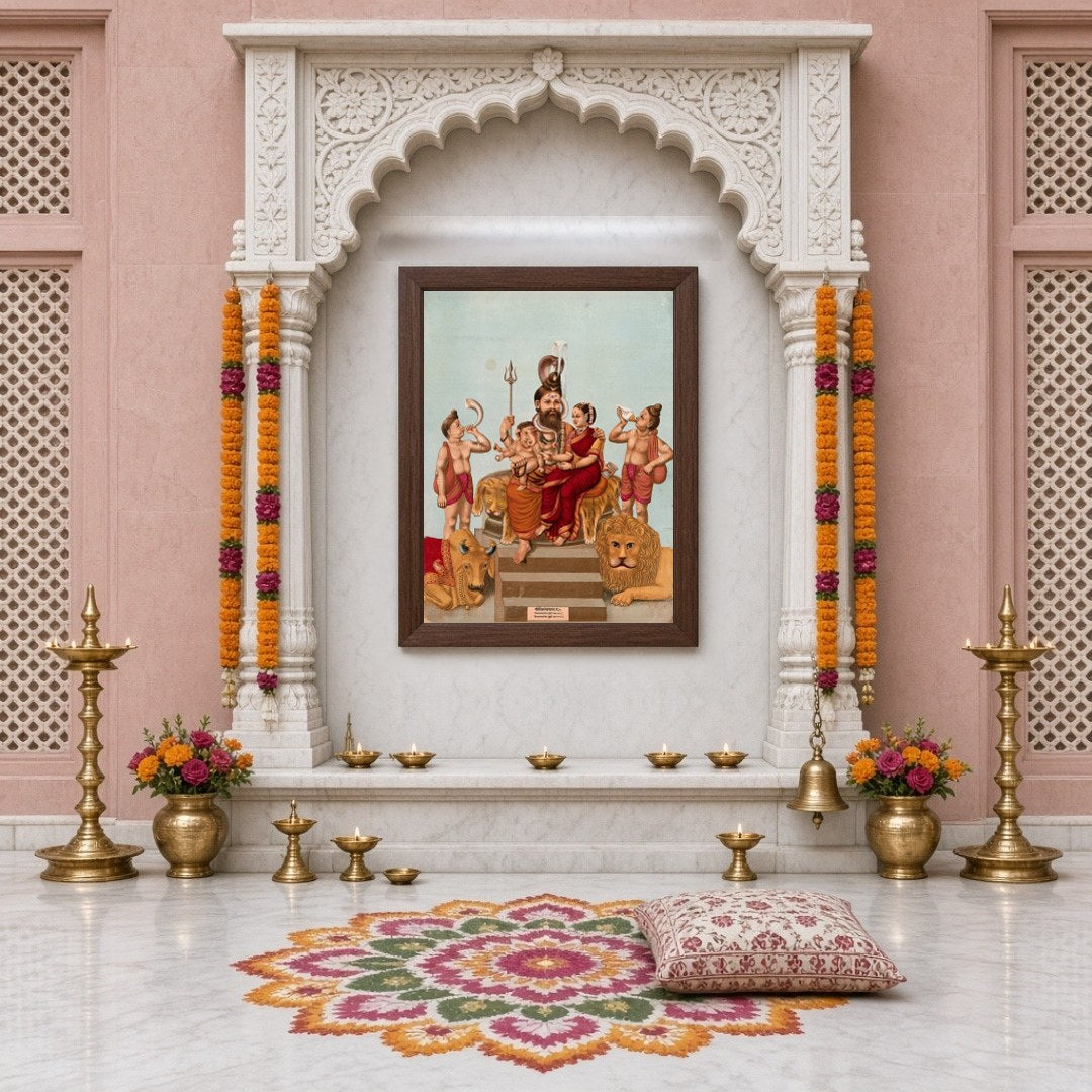 This exquisite artwork captures the divine assembly of Lord Shiva with Parvati and young Ganesha, for Home Temple