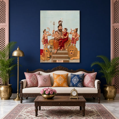This exquisite artwork captures the divine assembly of Lord Shiva with Parvati and young Ganesha, for Living Room