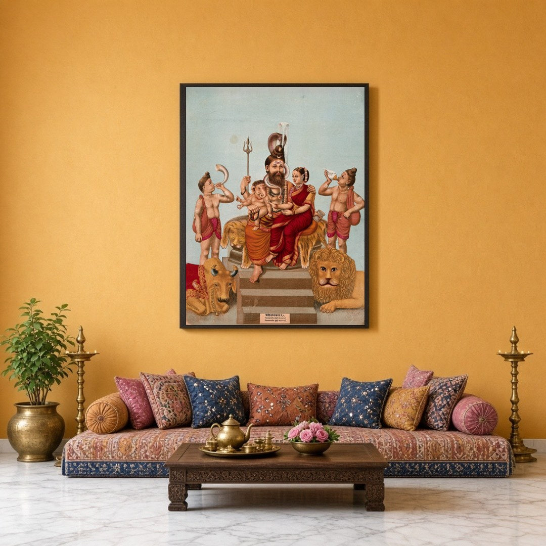 This exquisite artwork captures the divine assembly of Lord Shiva with Parvati and young Ganesha, for Sitting Lounge