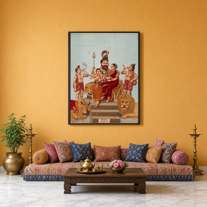 This exquisite artwork captures the divine assembly of Lord Shiva with Parvati and young Ganesha, for Sitting Lounge