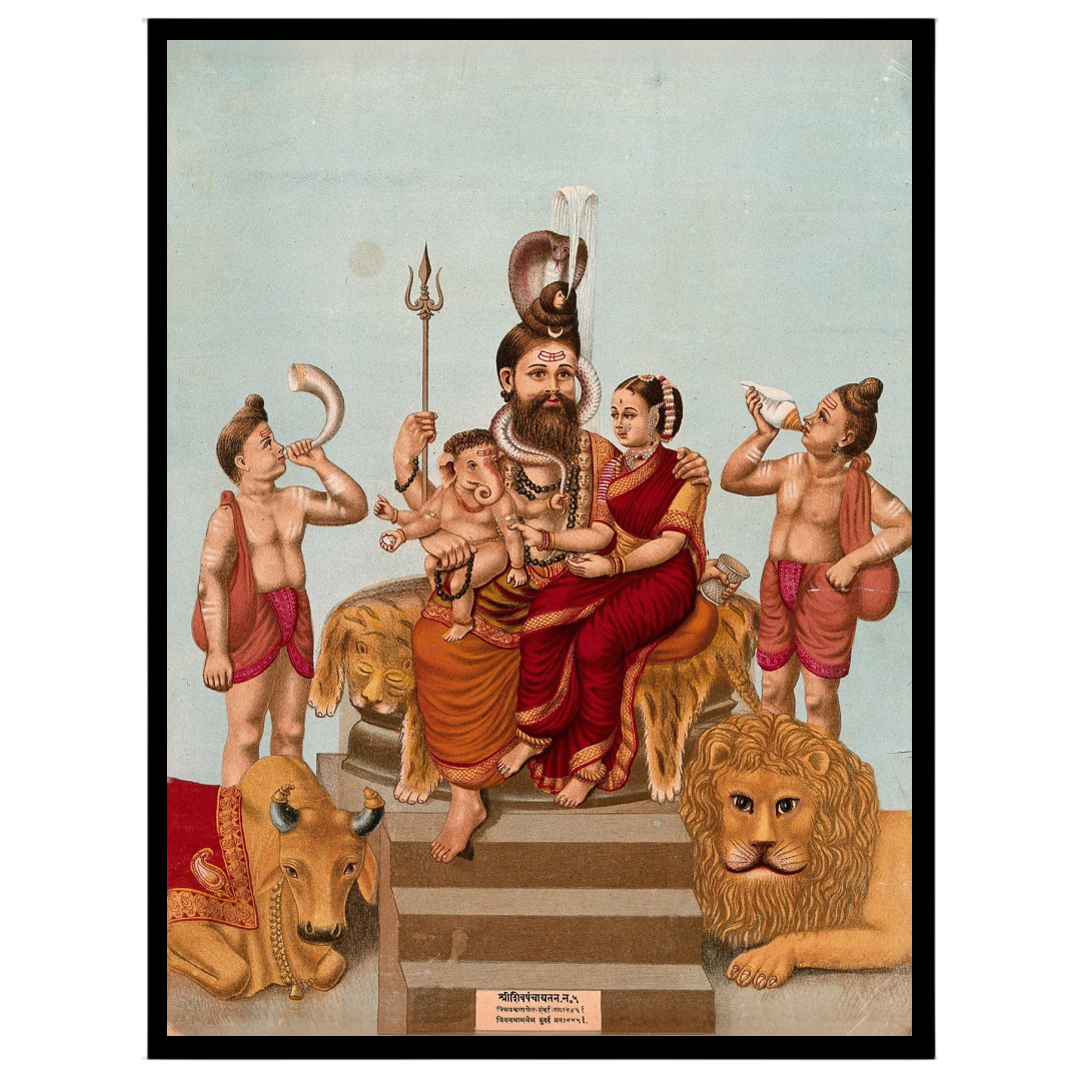 This exquisite artwork captures the divine assembly of Lord Shiva with Parvati and young Ganesha, for studio