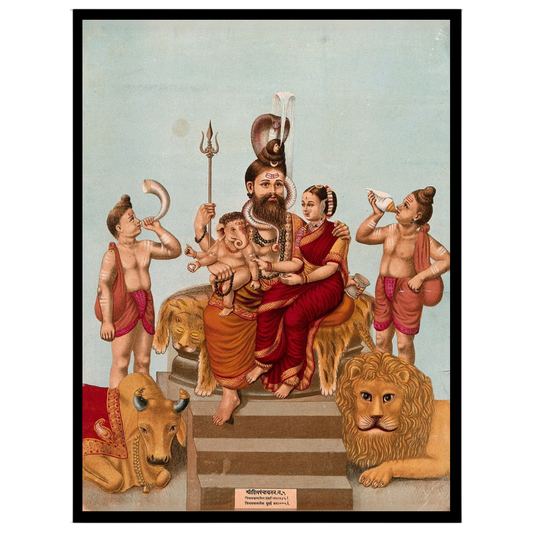 This exquisite artwork captures the divine assembly of Lord Shiva with Parvati and young Ganesha, for studio