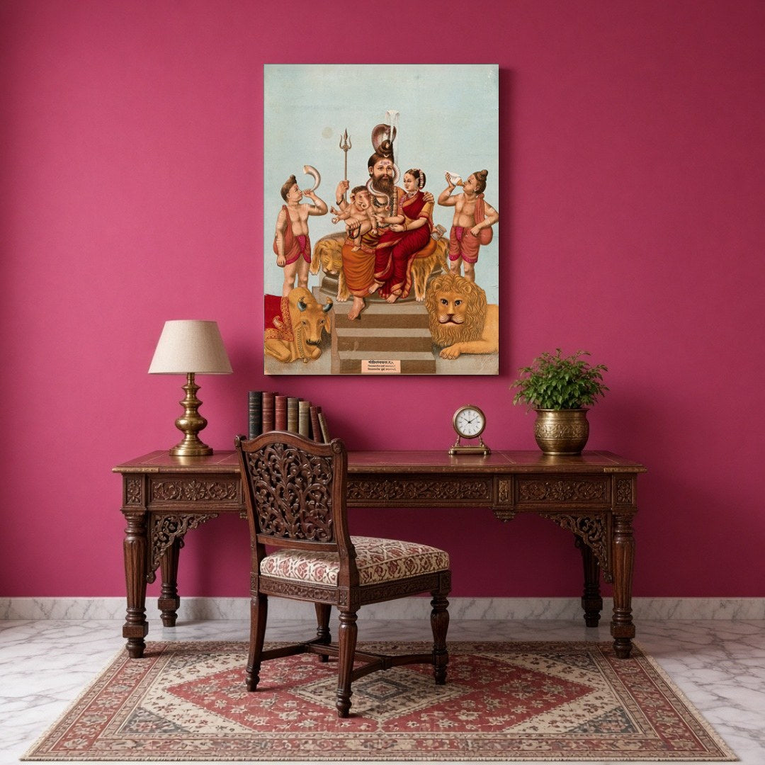 This exquisite artwork captures the divine assembly of Lord Shiva with Parvati and young Ganesha, for Study