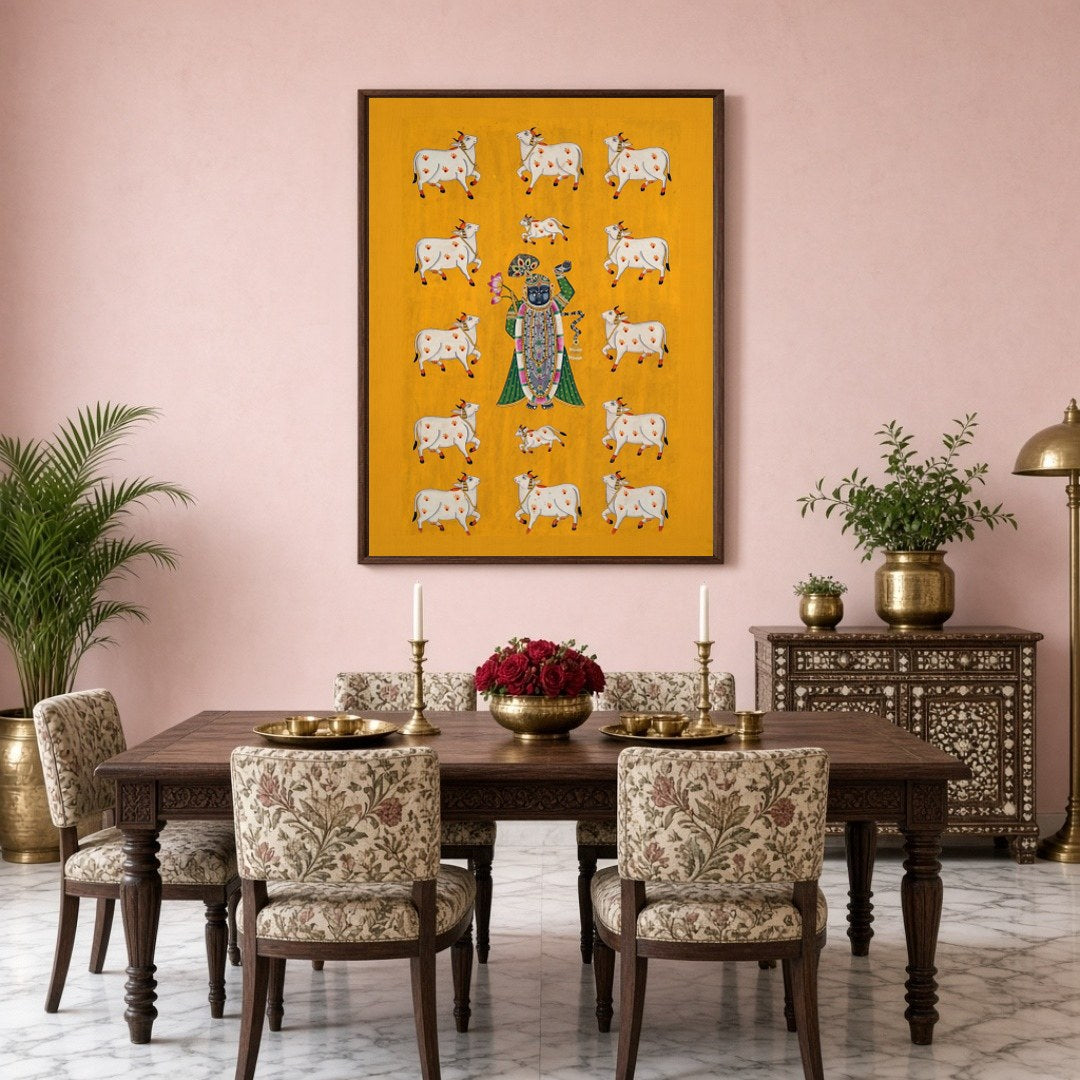 Immerse yourself in the spiritual charm of this exquisite Pichwai artwork featuring Shrinathji for Dining