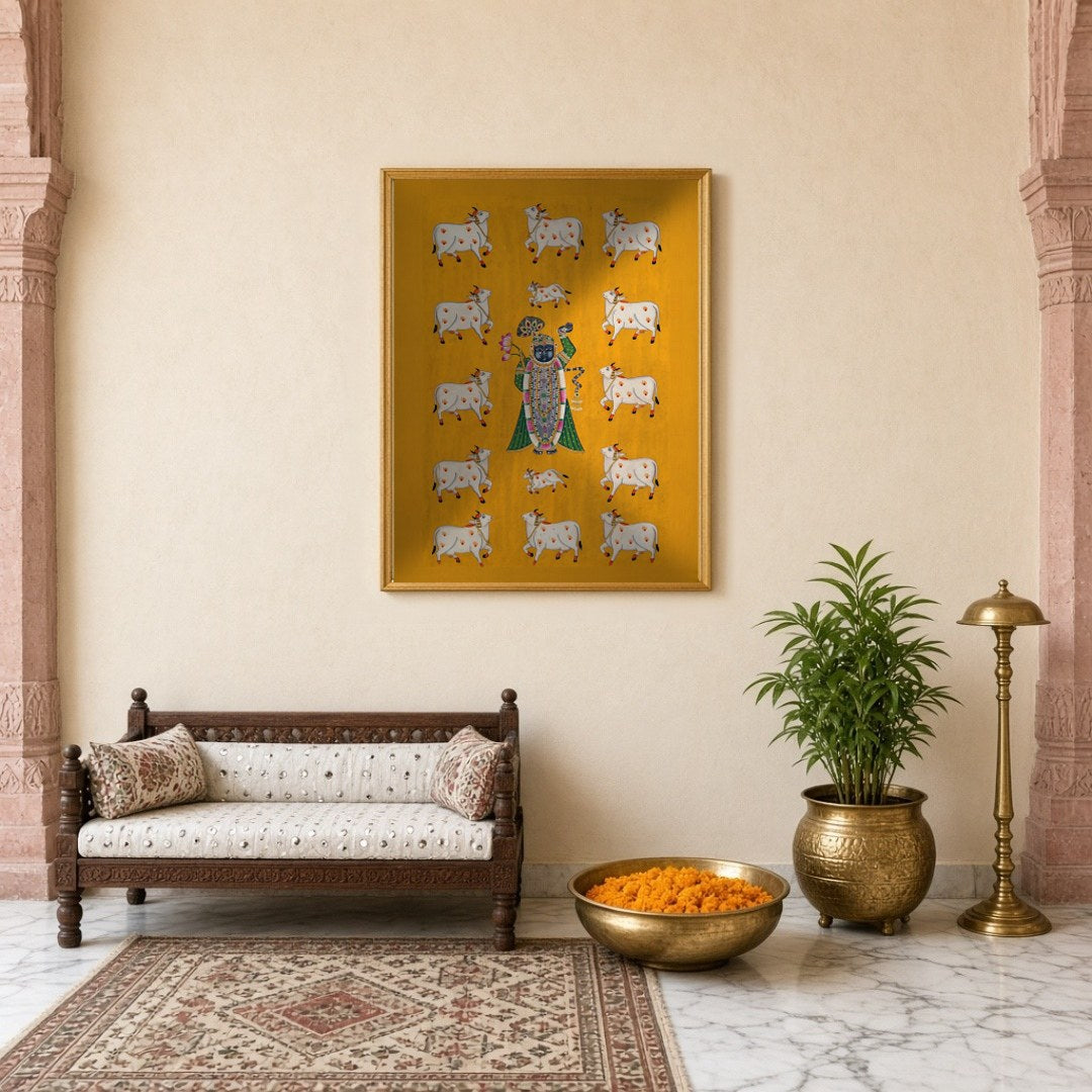 Immerse yourself in the spiritual charm of this exquisite Pichwai artwork featuring Shrinathji for Entrance