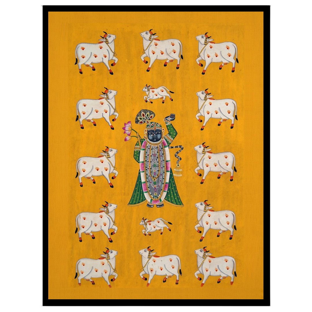 Immerse yourself in the spiritual charm of this exquisite Pichwai artwork featuring Shrinathji for home