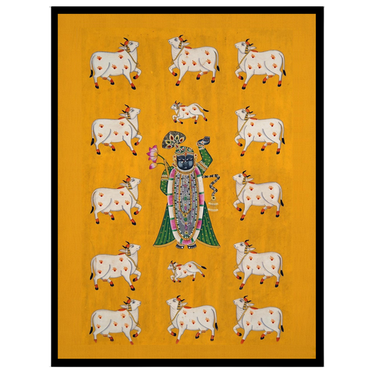 Immerse yourself in the spiritual charm of this exquisite Pichwai artwork featuring Shrinathji for home