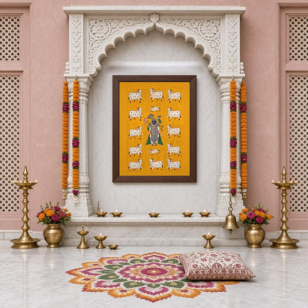 Immerse yourself in the spiritual charm of this exquisite Pichwai artwork featuring Shrinathji for Home Temple