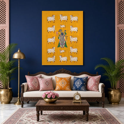 Immerse yourself in the spiritual charm of this exquisite Pichwai artwork featuring Shrinathji for Living Room