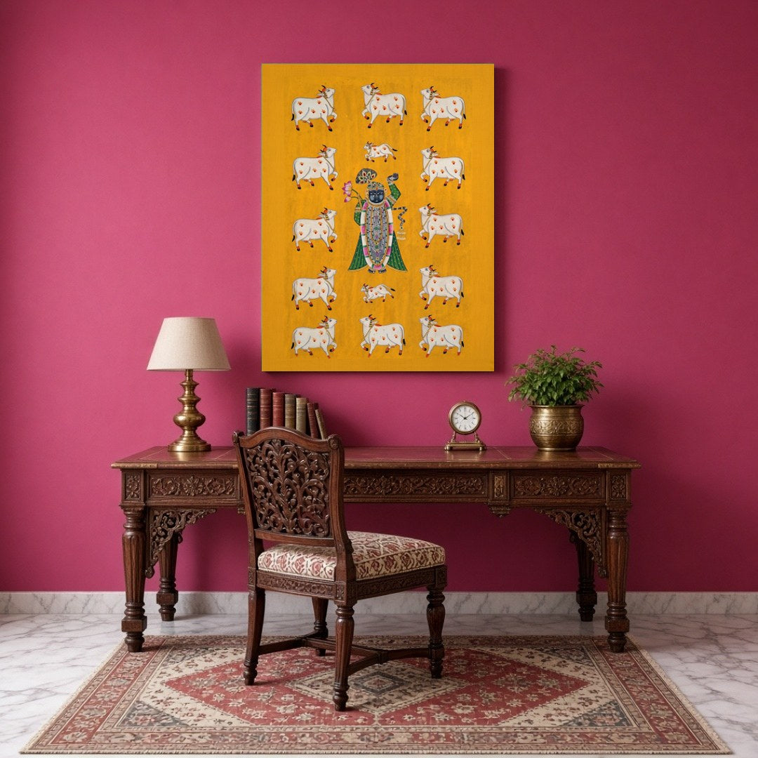 Immerse yourself in the spiritual charm of this exquisite Pichwai artwork featuring Shrinathji for Study