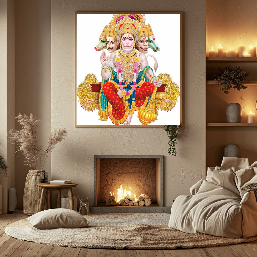 Immerse yourself in the divine energy of this vibrant artwork featuring the Hindu deity Hanuman. for Hall