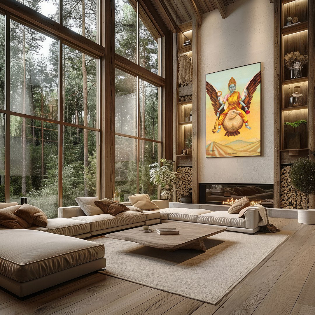 Experience the spiritual serenity of 'Divine Guardian in Flight,' a captivating piece that captures for Living Room