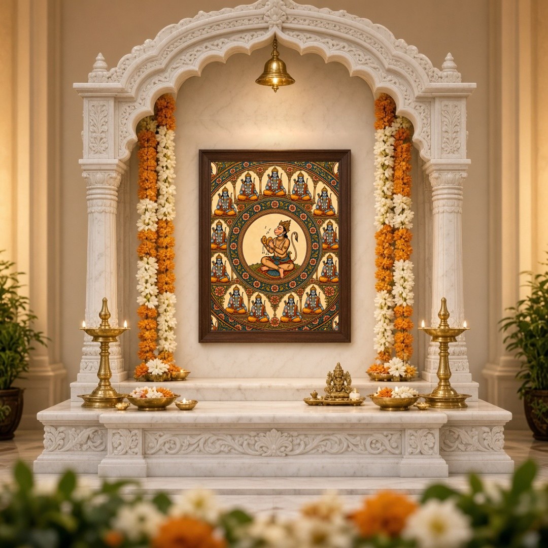 Immerse yourself in the divine energy of Lord Hanuman as he is beautifully encompassed by the Ram for Home Temple