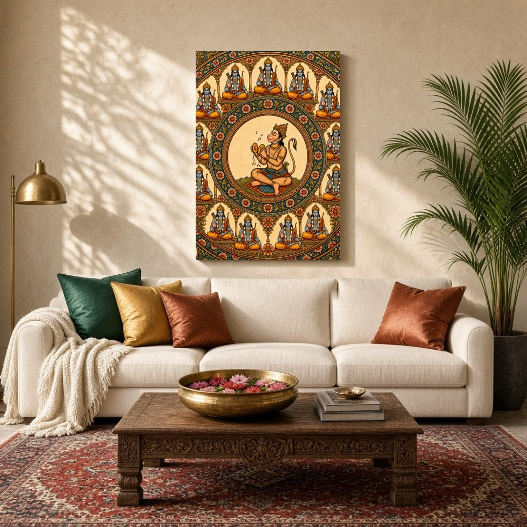 Immerse yourself in the divine energy of Lord Hanuman as he is beautifully encompassed by the Ram for Living Room