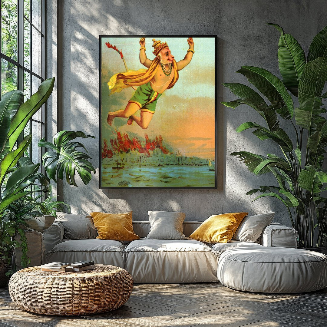 This vibrant artwork captures the legendary figure of Hanuman soaring heroically above a tranquil for Balcony
