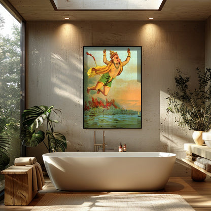 This vibrant artwork captures the legendary figure of Hanuman soaring heroically above a tranquil for Bathroom