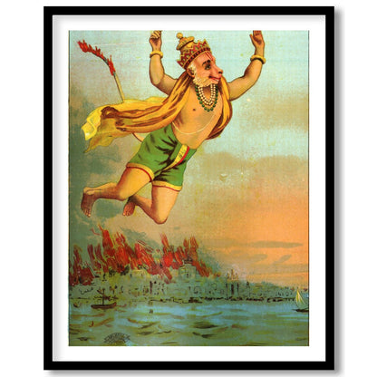 This vibrant artwork captures the legendary figure of Hanuman soaring heroically above a tranquil for bedroom